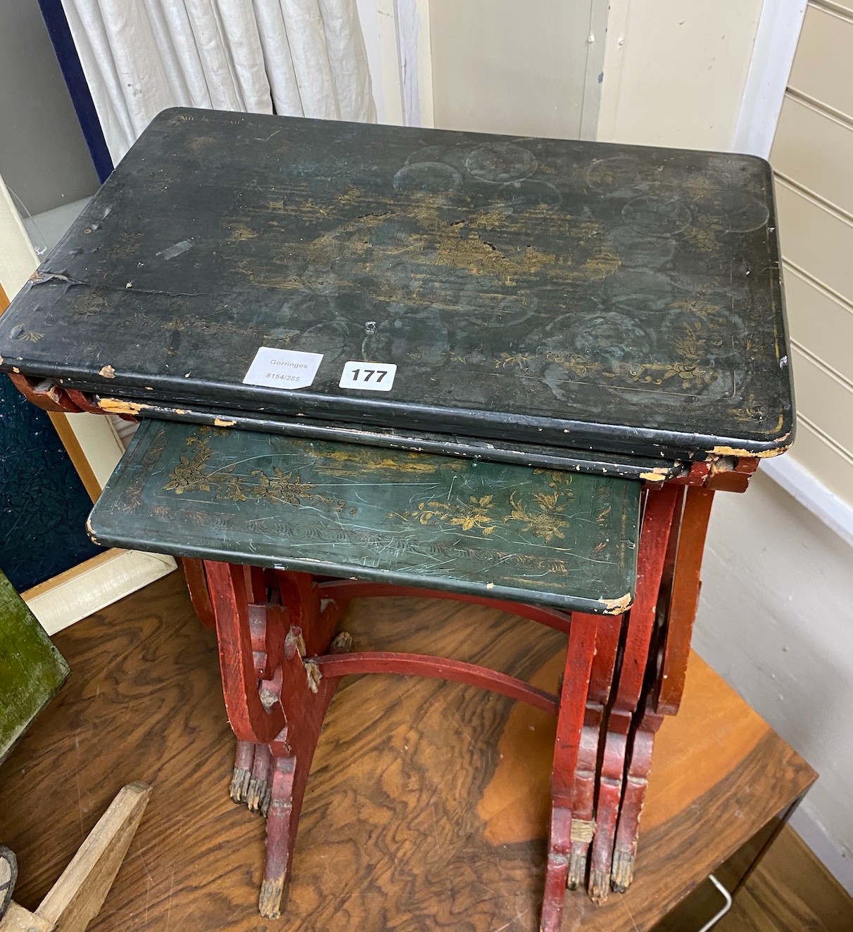 A quartetto of rectangular chinoiserie lacquered tea tables, width 49cm, depth 31cm, height 71cm